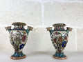 Art Deco Italian Majolica Vases Pair, Hand Painted Pottery Ram Head Handles