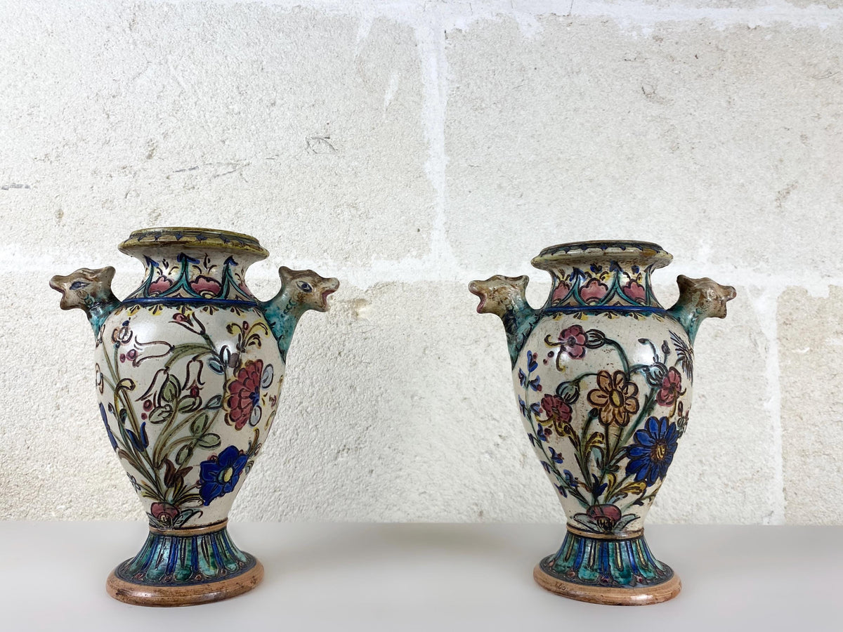 Art Deco Italian Majolica Vases Pair, Hand Painted Pottery Ram Head Handles