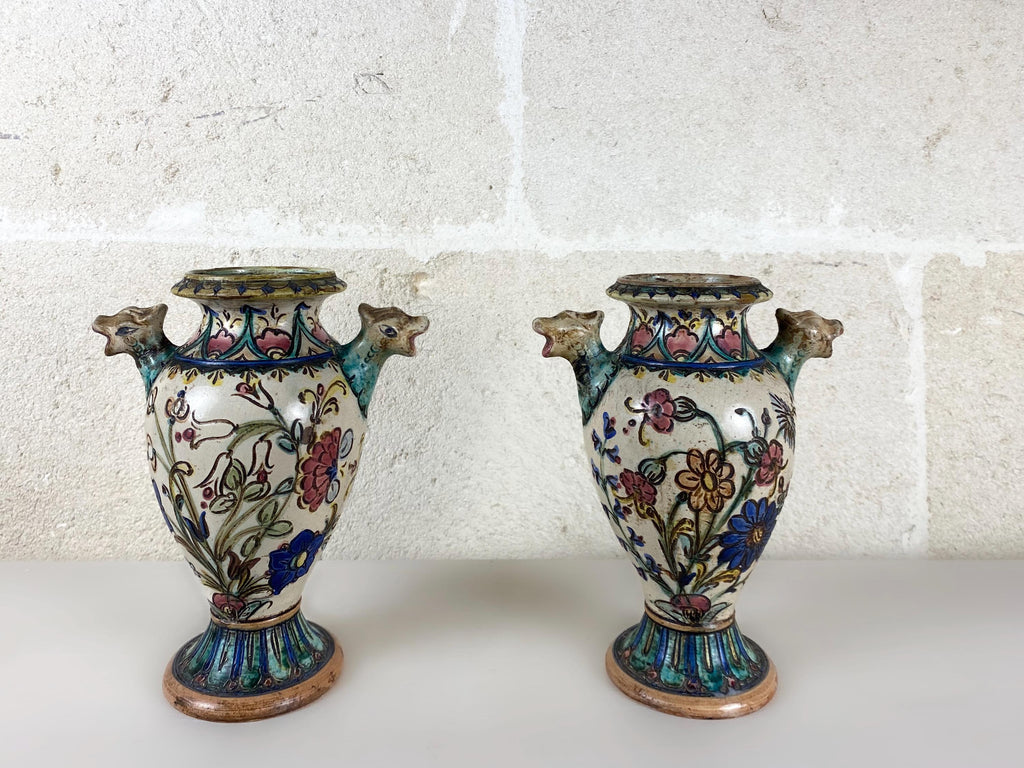 Art Deco Italian Majolica Vases Pair, Hand Painted Pottery Ram Head Handles