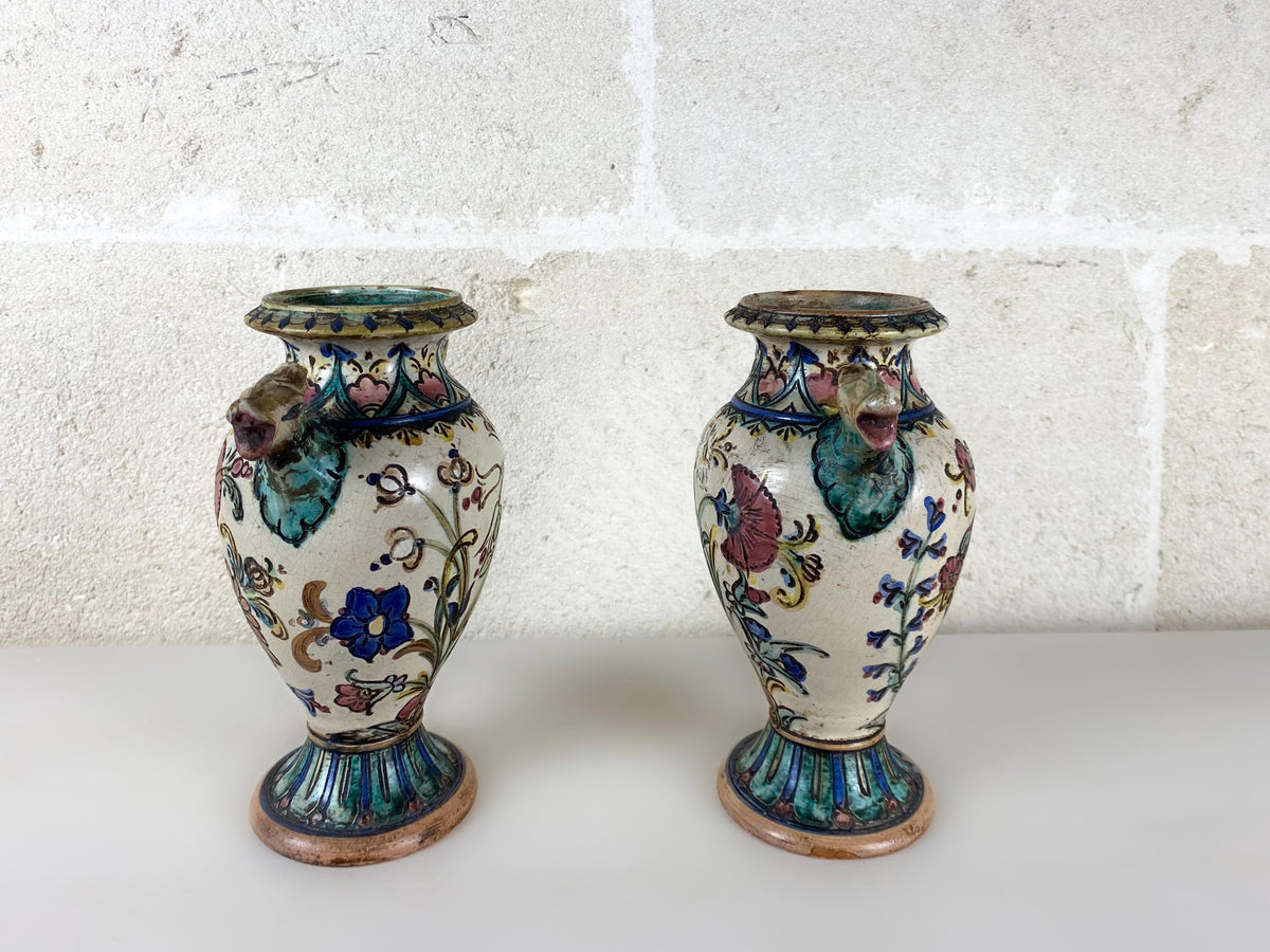 Art Deco Italian Majolica Vases Pair, Hand Painted Pottery Ram Head Handles