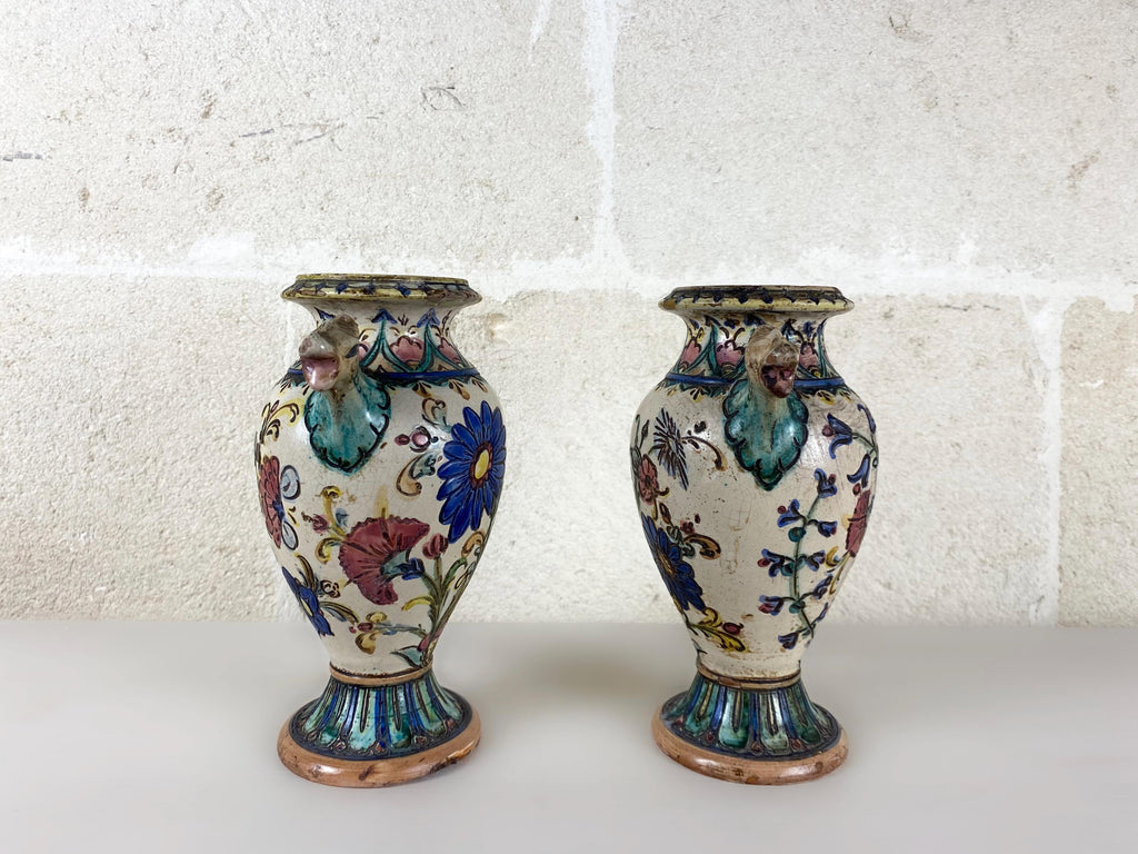 Art Deco Italian Majolica Vases Pair, Hand Painted Pottery Ram Head Handles