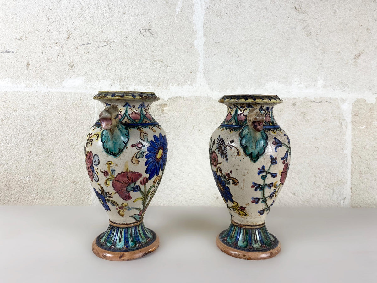 Art Deco Italian Majolica Vases Pair, Hand Painted Pottery Ram Head Handles
