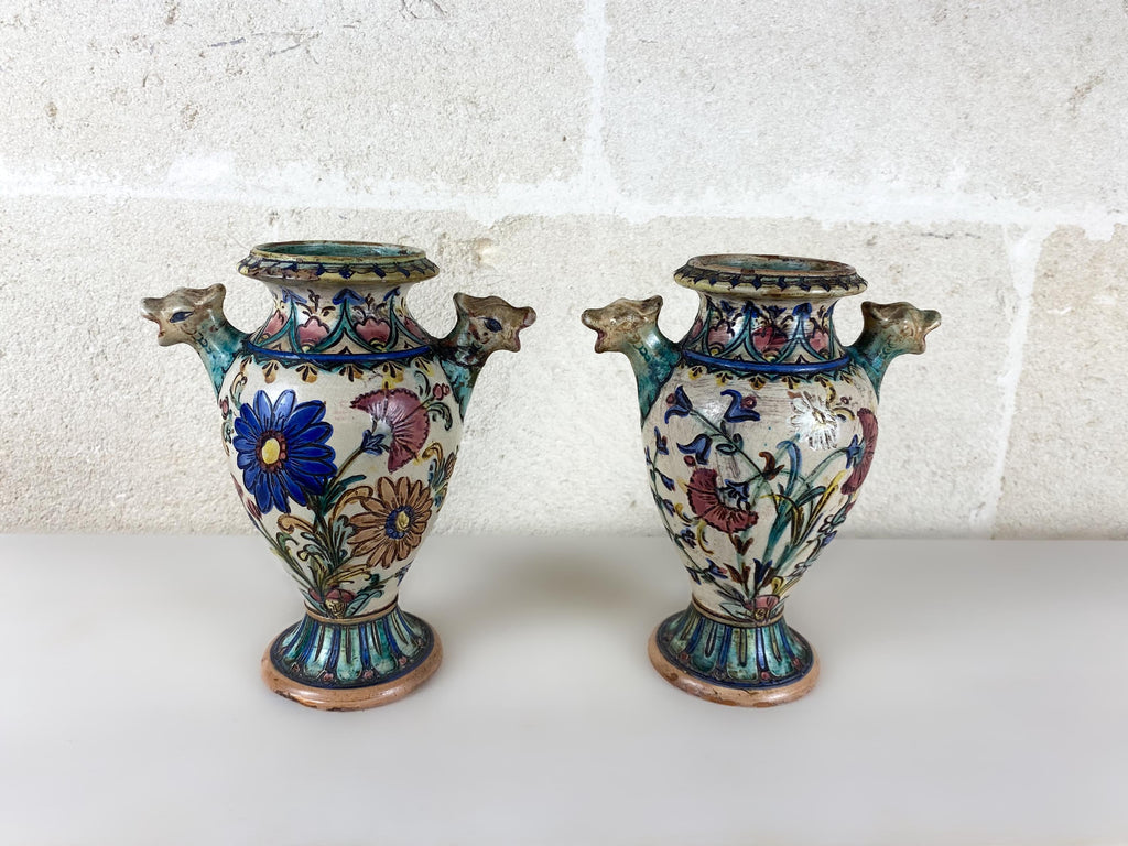 Art Deco Italian Majolica Vases Pair, Hand Painted Pottery Ram Head Handles
