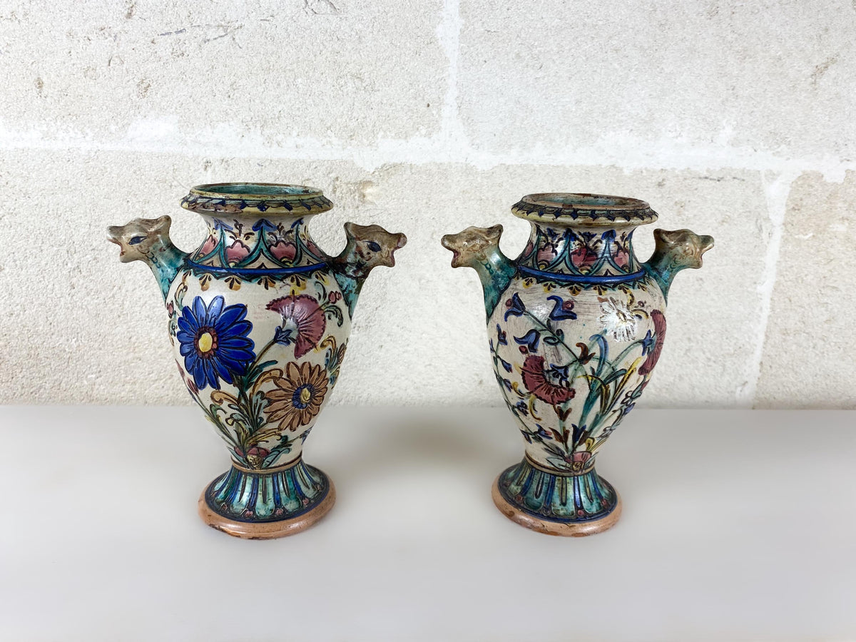Art Deco Italian Majolica Vases Pair, Hand Painted Pottery Ram Head Handles