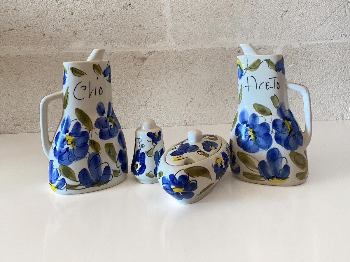 Vintage Hand-Painted Italian Majolica Cruet & Condiment Set, Forlani Laveno