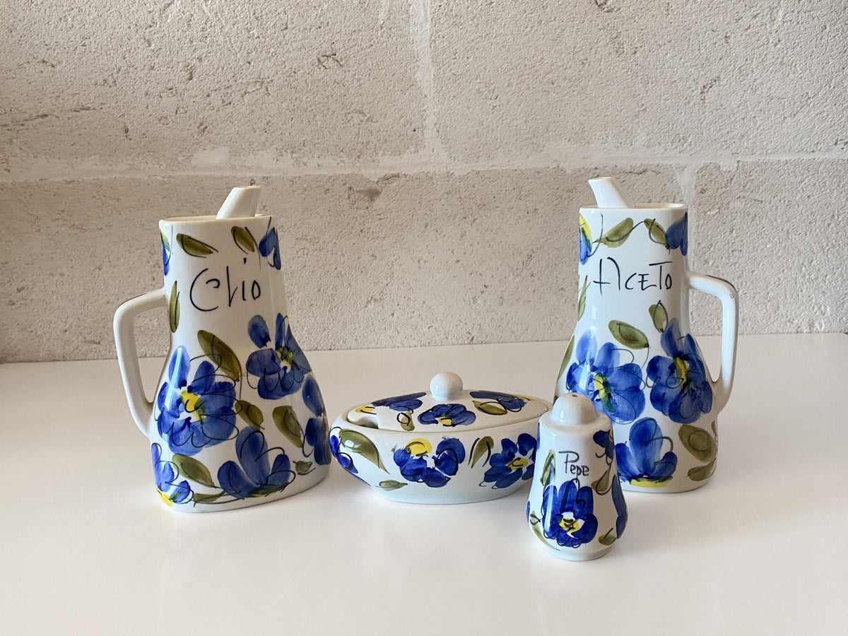 Vintage Hand-Painted Italian Majolica Cruet & Condiment Set, Forlani Laveno