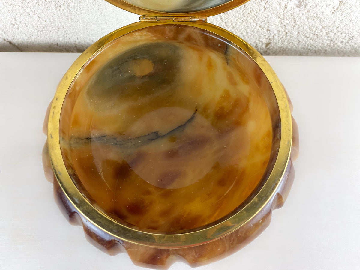 Grande boîte à bijoux vintage italienne en albâtre en forme de coquillage | Coffret de toilette en pierre couleur miel caramel