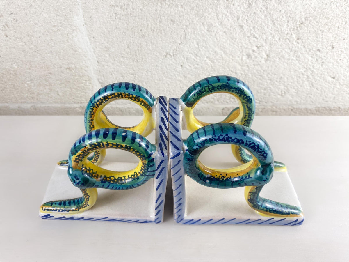 Rare Vintage Deruta Snake Bookends, Mid Century Italian Majolica, Medical Pharmacy Decor