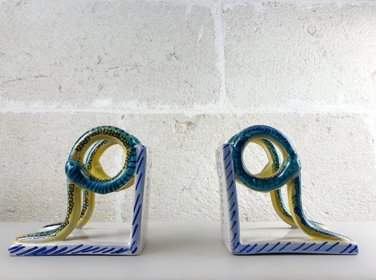 Rare Vintage Deruta Snake Bookends, Mid Century Italian Majolica, Medical Pharmacy Decor