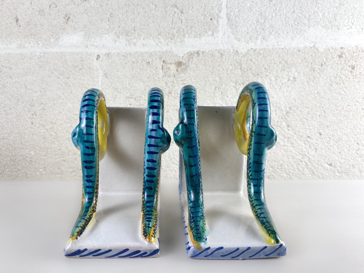 Rare Vintage Deruta Snake Bookends, Mid Century Italian Majolica, Medical Pharmacy Decor