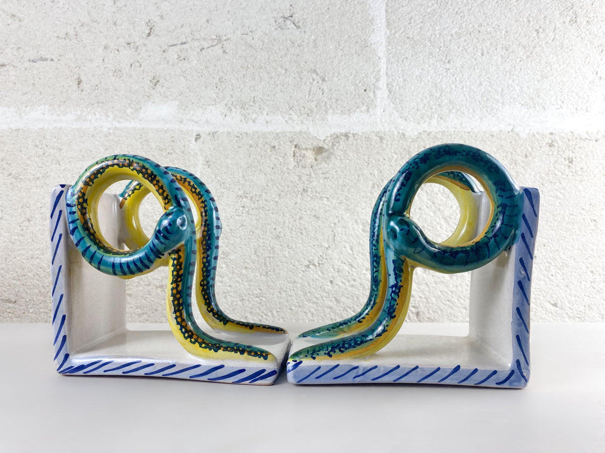 Rare Vintage Deruta Snake Bookends, Mid Century Italian Majolica, Medical Pharmacy Decor