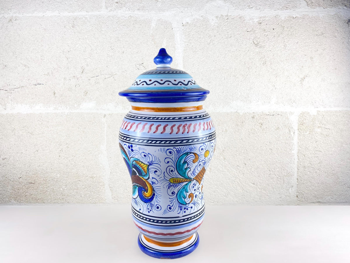 Large Vintage Deruta Apothecary Jar, Hand-Painted, Italian Peacock Eye Renaissance Decor