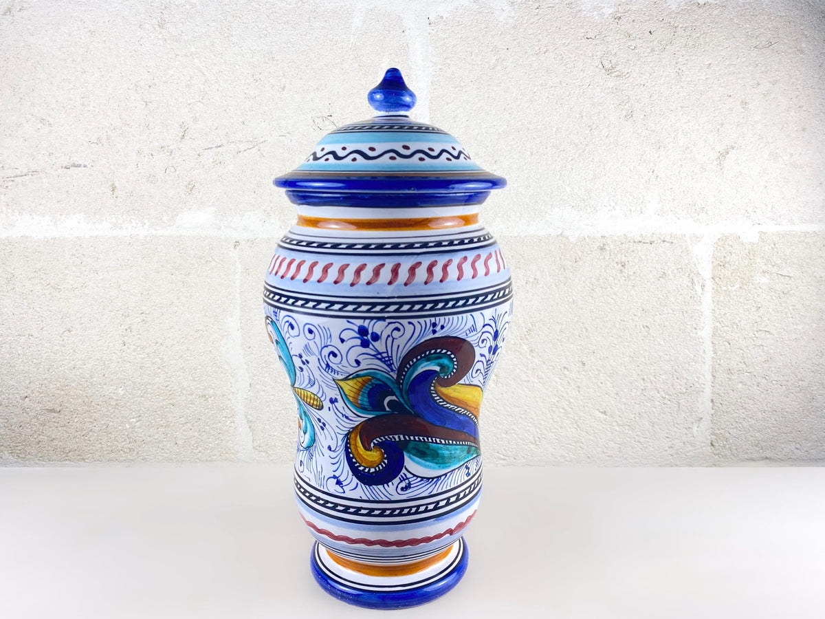 Large Vintage Deruta Apothecary Jar, Hand-Painted, Italian Peacock Eye Renaissance Decor