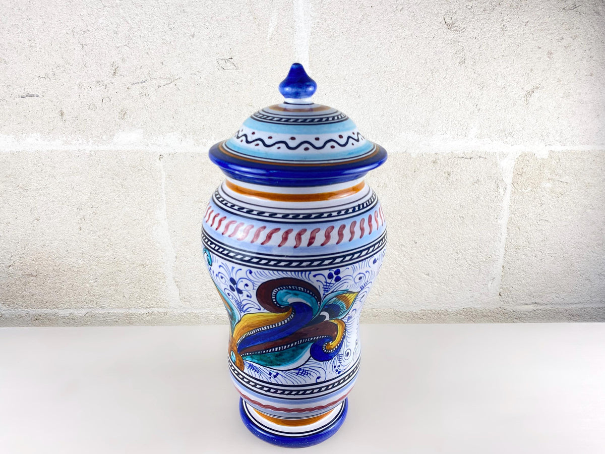 Large Vintage Deruta Apothecary Jar, Hand-Painted, Italian Peacock Eye Renaissance Decor