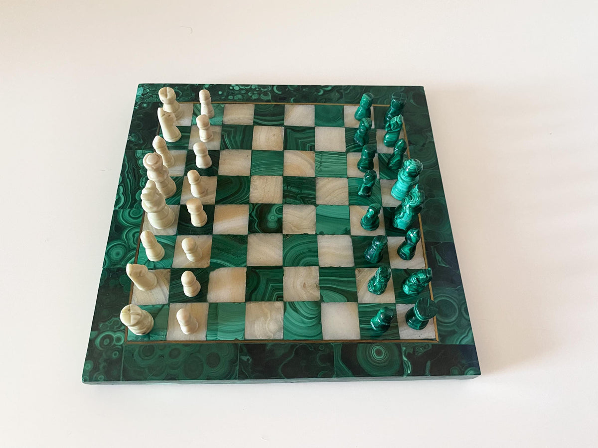 Vintage Malachite Chess Set – Hand-Carved Congolese Stone, Italian 1960s