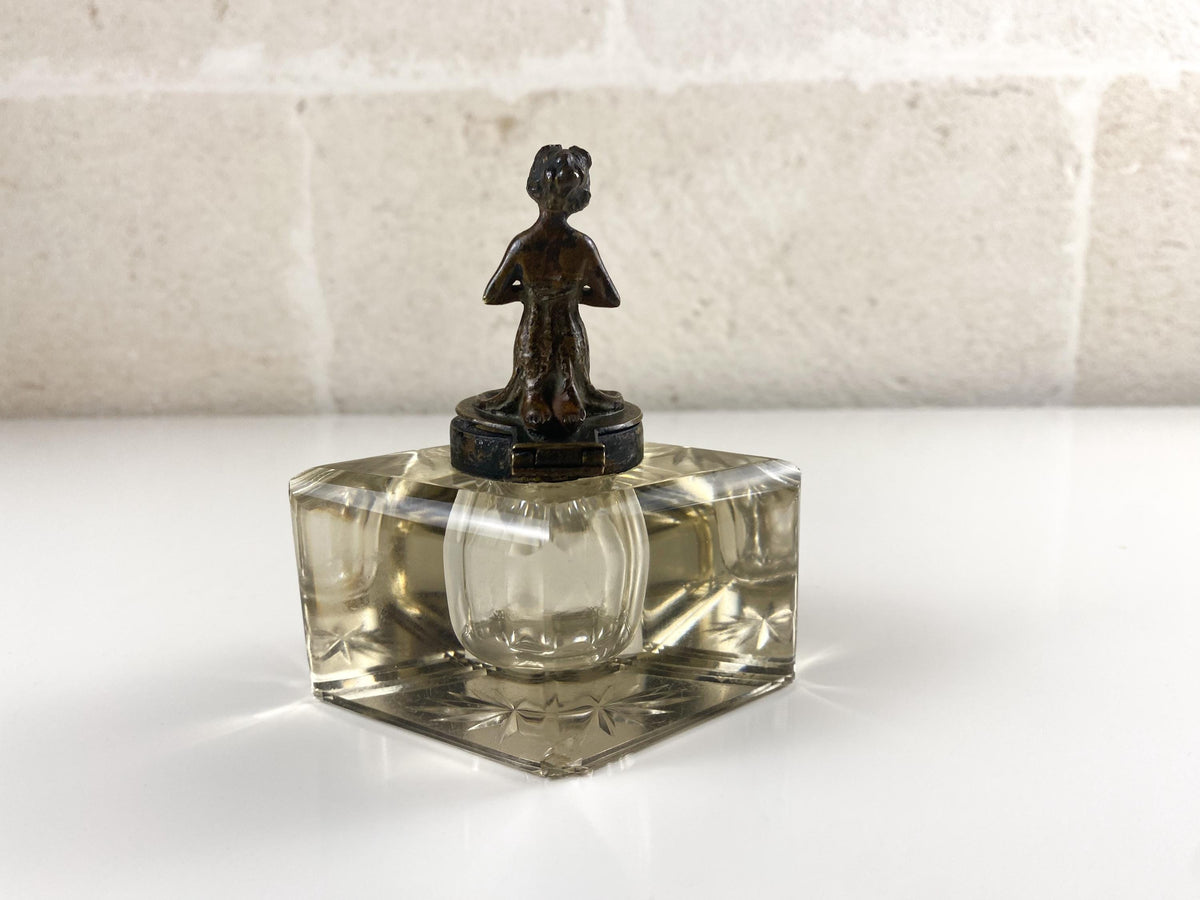 Encrier figuratif en bronze et cristal taillé à la main, style Art nouveau, vers 1900