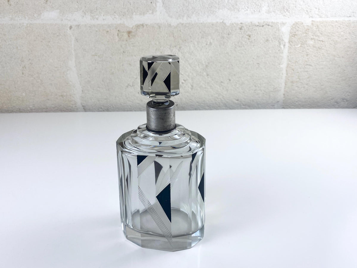 Carafe en cristal taillé Art Déco avec col en argent 800, attribuée à Karl Palda