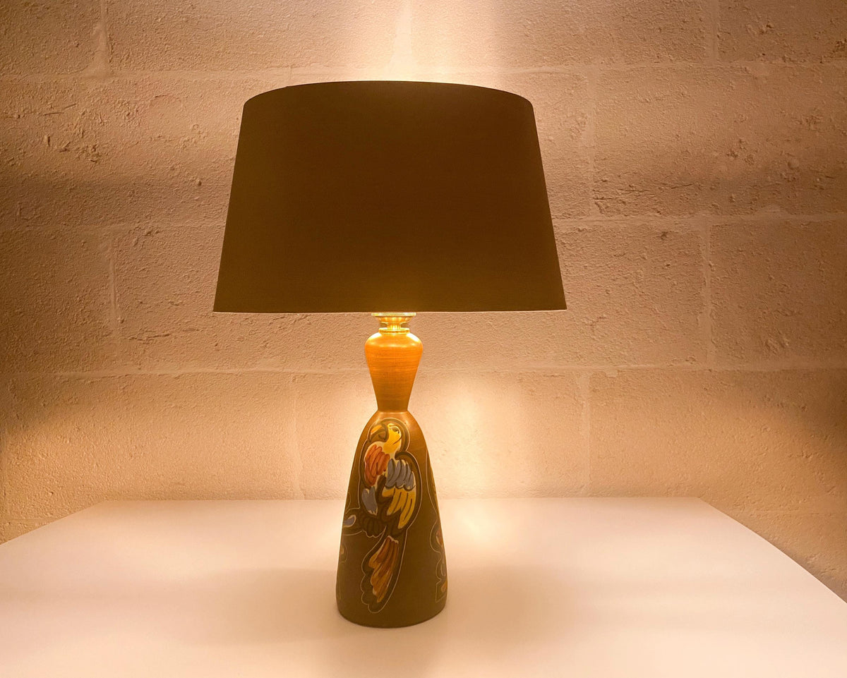 Lampe vintage en céramique italienne, perroquets peints à la main par Ceramiche Campione
