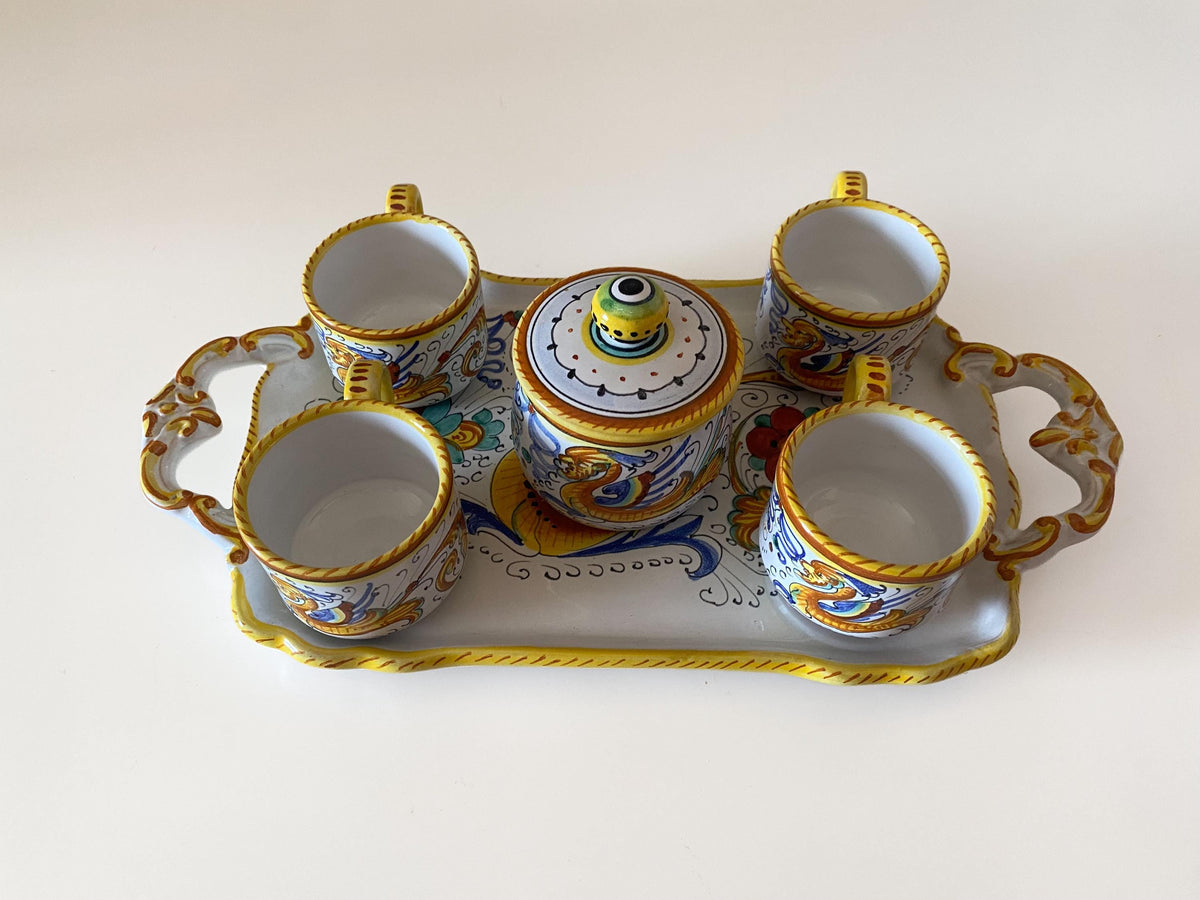 Vintage Deruta Raffaellesco Espresso Set for 4, Hand-Painted Italian Maiolica