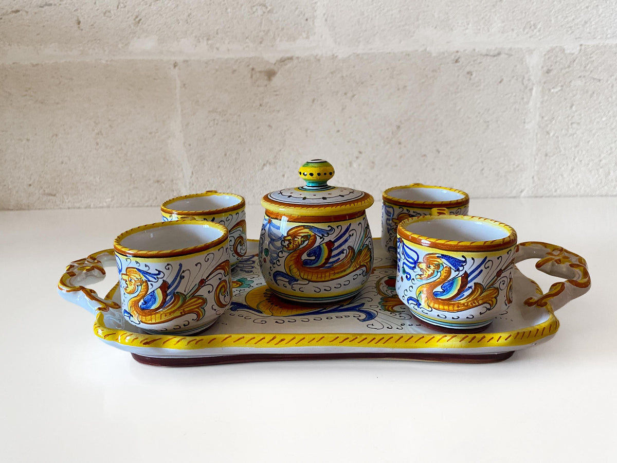 Vintage Deruta Raffaellesco Espresso Set for 4, Hand-Painted Italian Maiolica