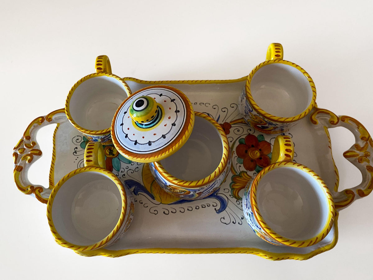 Vintage Deruta Raffaellesco Espresso Set for 4, Hand-Painted Italian Maiolica