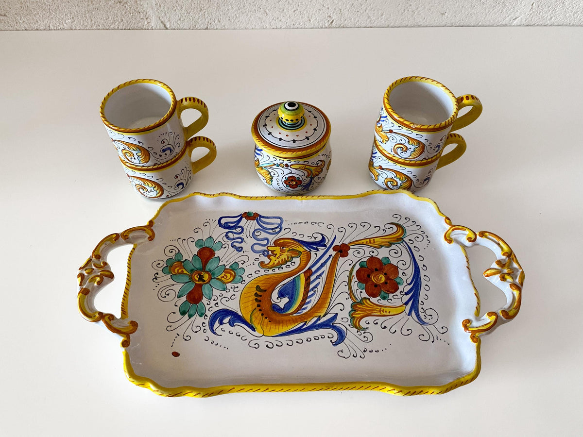 Vintage Deruta Raffaellesco Espresso Set for 4, Hand-Painted Italian Maiolica