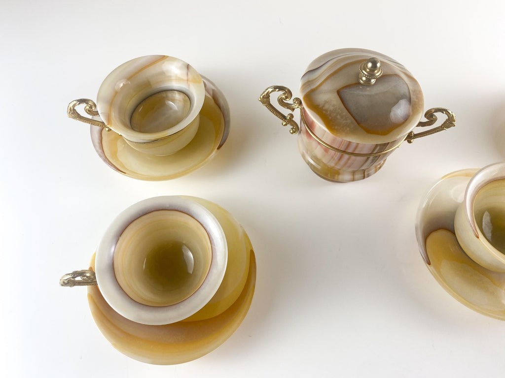 Juego de café vintage de ónix italiano, piedra tallada a mano y latón