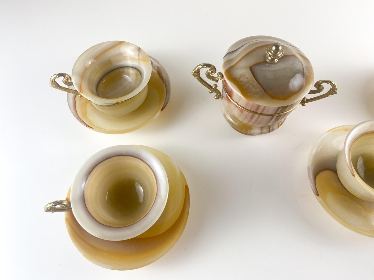 Juego de café vintage de ónix italiano, piedra tallada a mano y latón