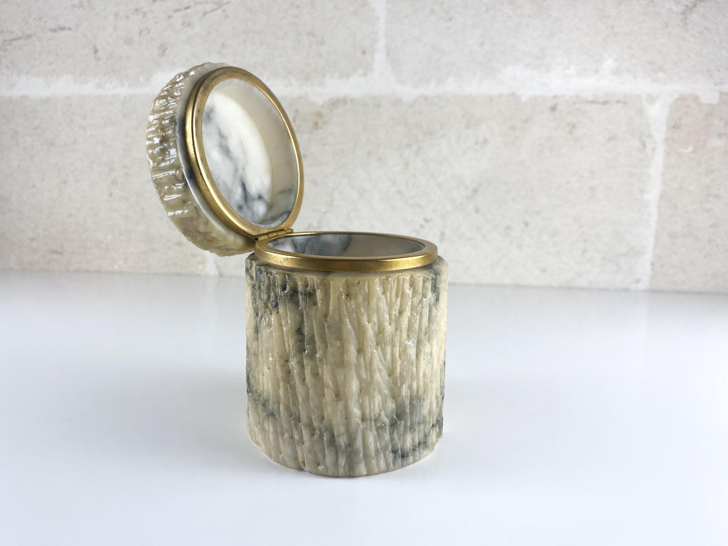 Vintage Italian Alabaster Box, Hand Carved Fluted Stone & Brass
