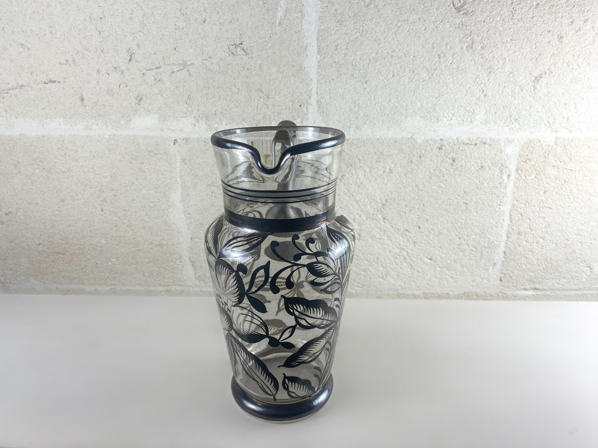 Carafe en verre à décor d'argent italien Art Déco, pichet de style floral Art Nouveau