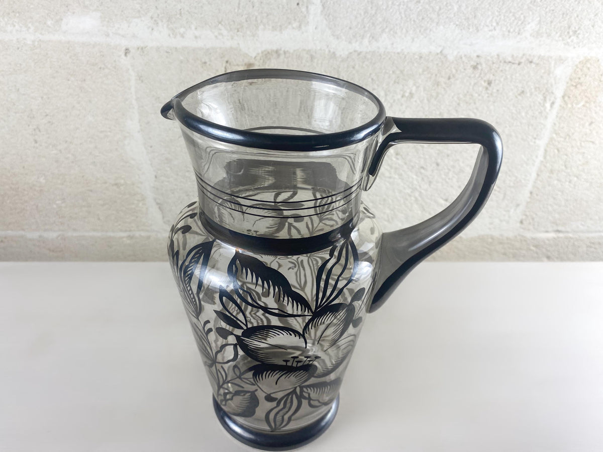 Carafe en verre à décor d'argent italien Art Déco, pichet de style floral Art Nouveau
