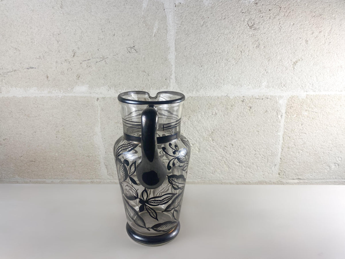 Carafe en verre à décor d'argent italien Art Déco, pichet de style floral Art Nouveau