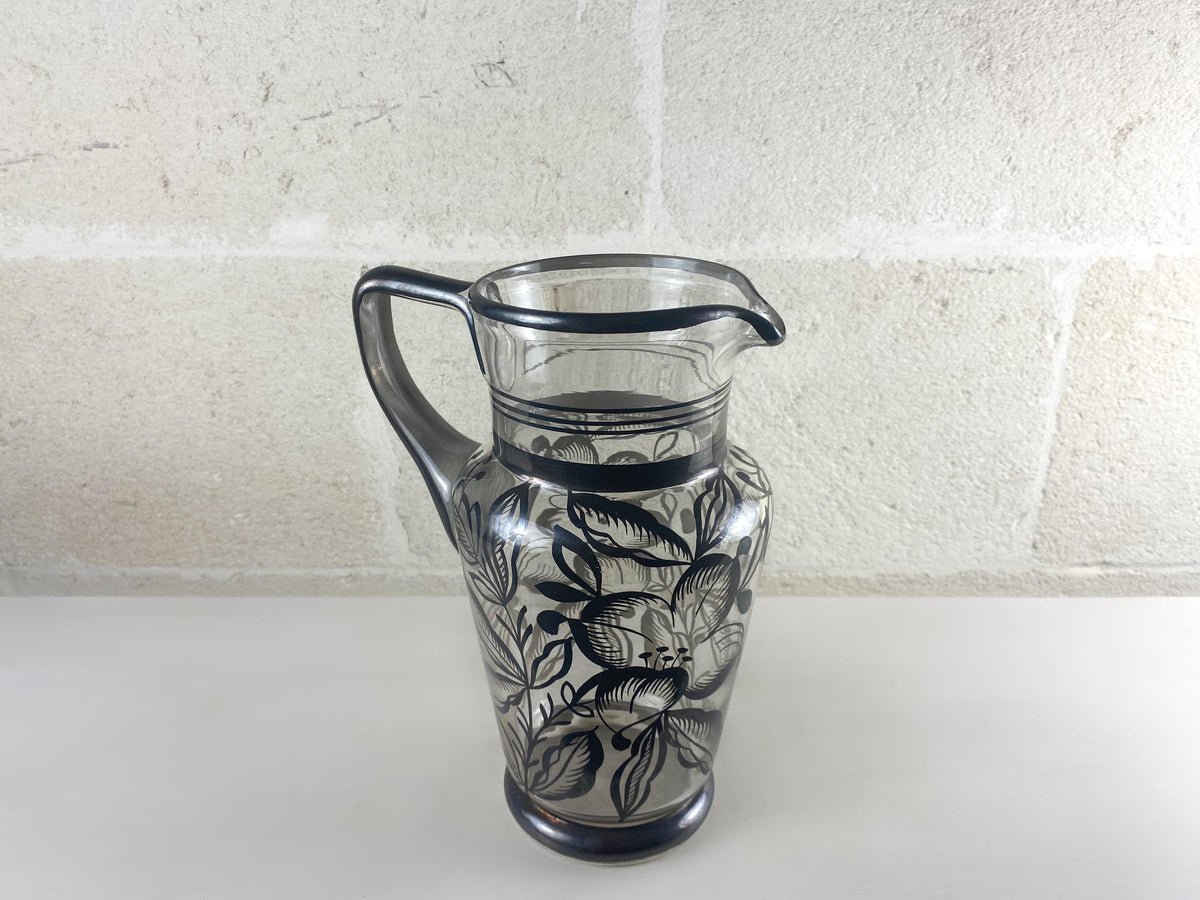 Carafe en verre à décor d'argent italien Art Déco, pichet de style floral Art Nouveau