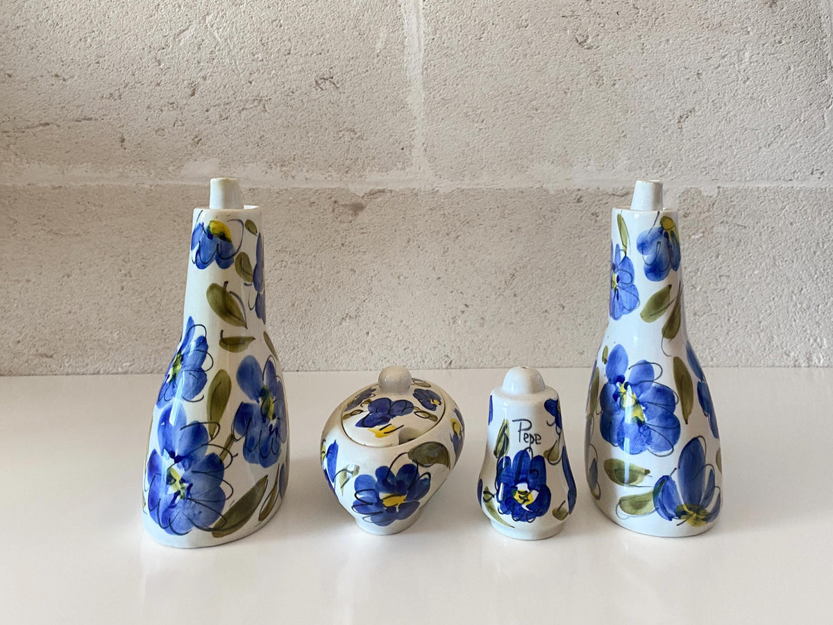 Vintage Hand-Painted Italian Majolica Cruet & Condiment Set, Forlani Laveno