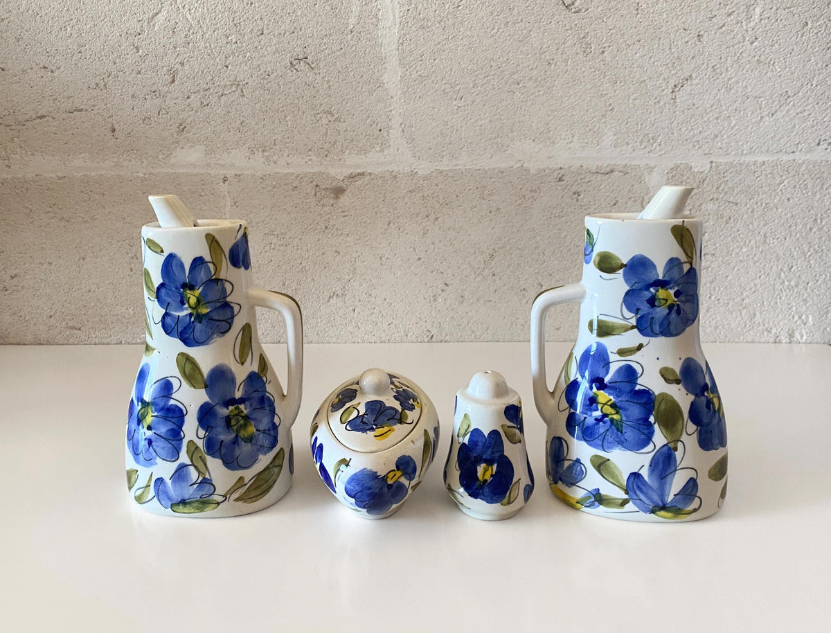 Vintage Hand-Painted Italian Majolica Cruet & Condiment Set, Forlani Laveno