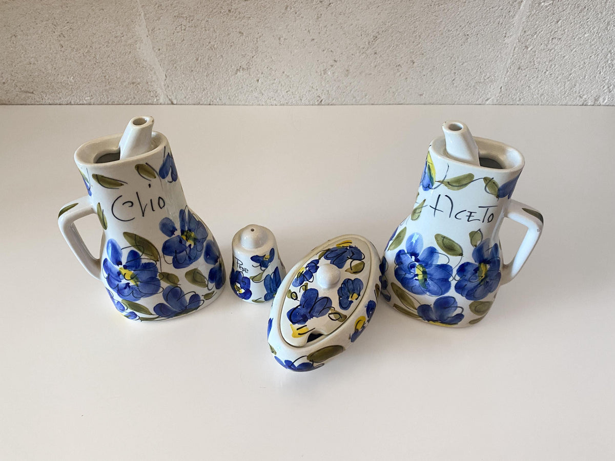 Vintage Hand-Painted Italian Majolica Cruet & Condiment Set, Forlani Laveno