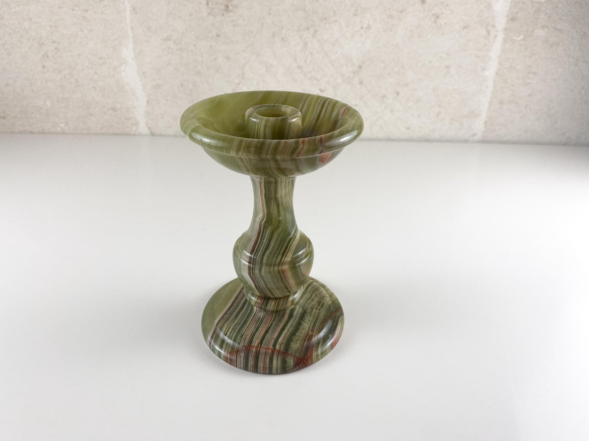 Vintage italienischer Kerzenständer aus olivgrünem Onyx – handgefertigte Balusterform
