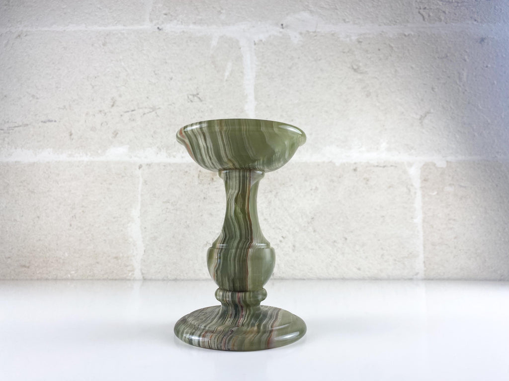 Vintage italienischer Kerzenständer aus olivgrünem Onyx – handgefertigte Balusterform