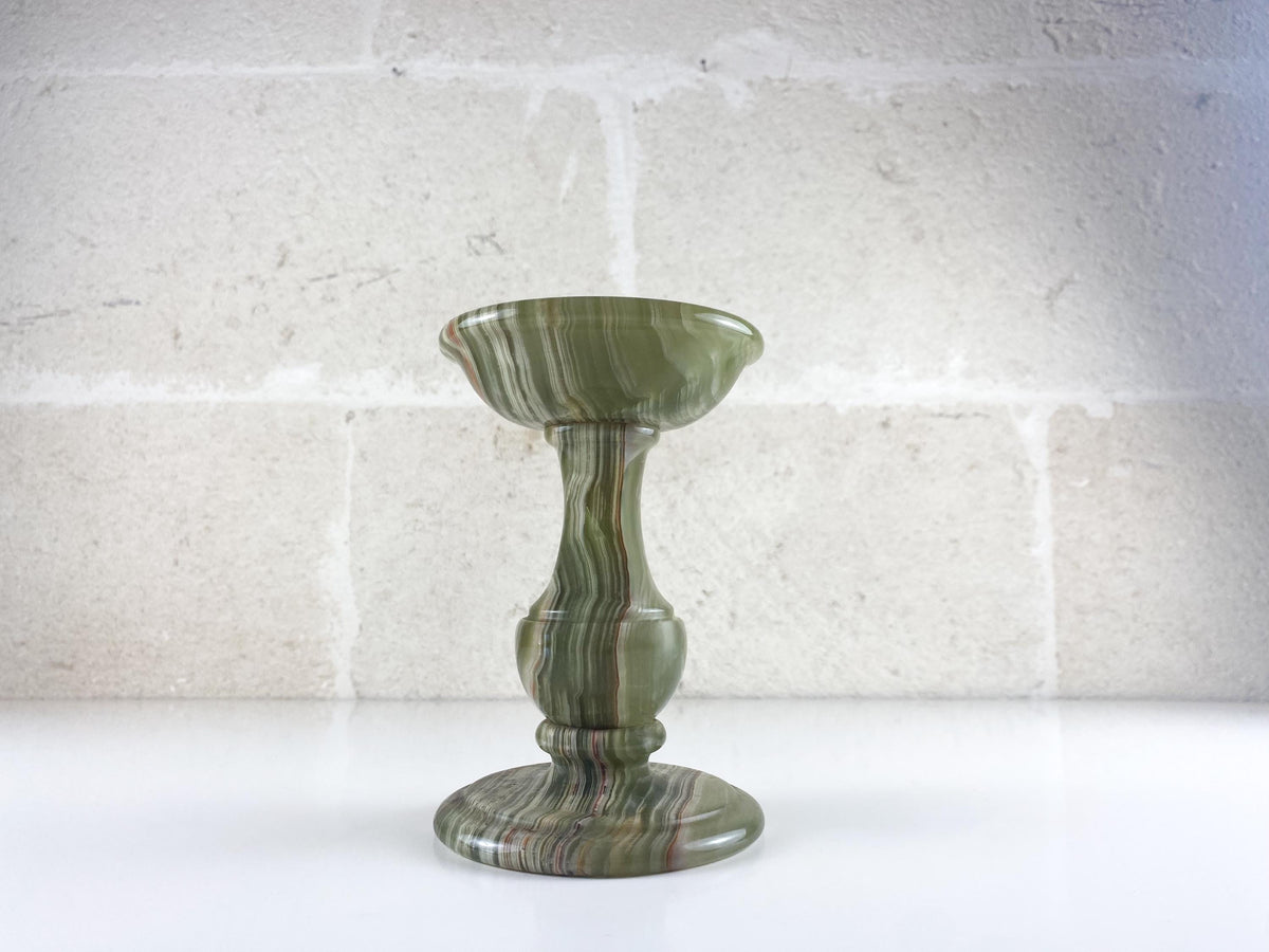 Vintage italienischer Kerzenständer aus olivgrünem Onyx – handgefertigte Balusterform