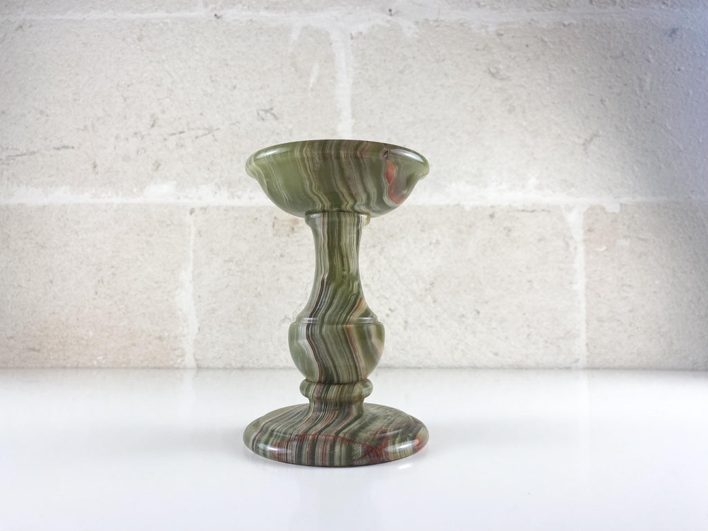 Vintage italienischer Kerzenständer aus olivgrünem Onyx – handgefertigte Balusterform