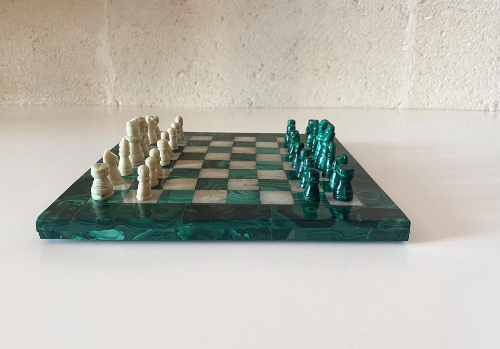 Vintage Malachite Chess Set – Hand-Carved Congolese Stone, Italian 1960s