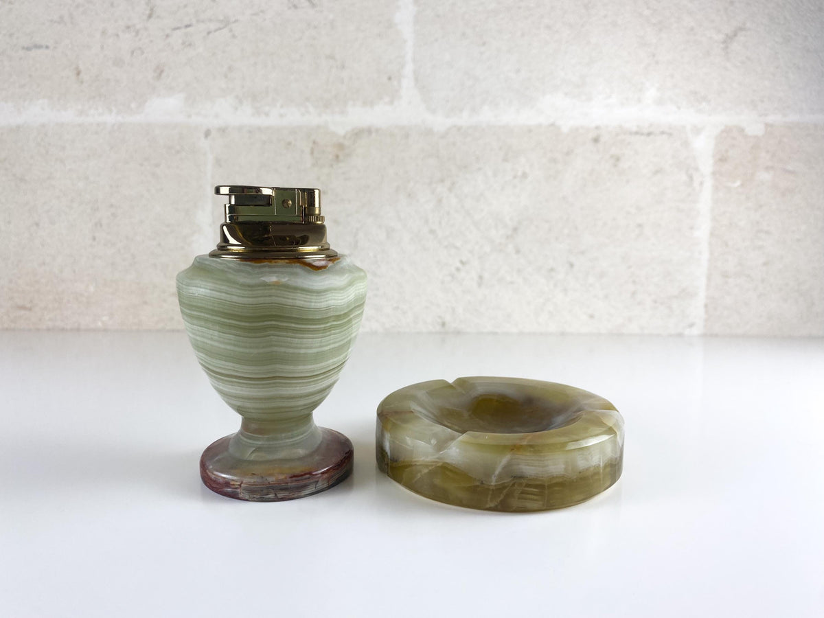 Vintage Italian Onyx Smoking Set – Hand-Carved Ashtray & Sculptural Brass Table Lighter