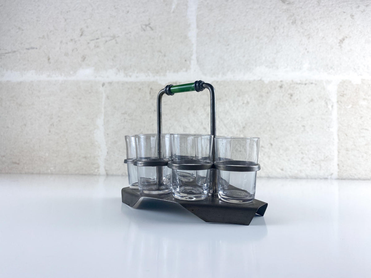 Porte-verres à liqueur Art Déco – Service à liqueur « Machine Age », poignée en bakélite verte