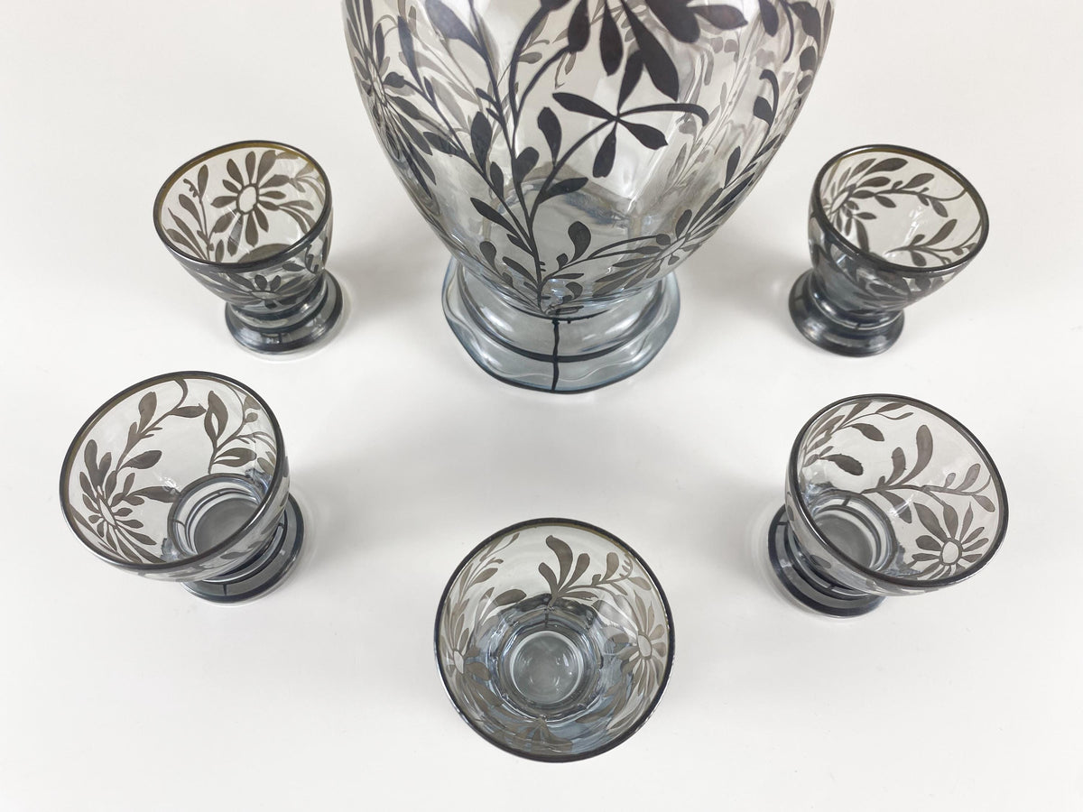 Service à liqueur Art Déco – verre avec overlay en argent sterling 925, bouchon gratte-ciel