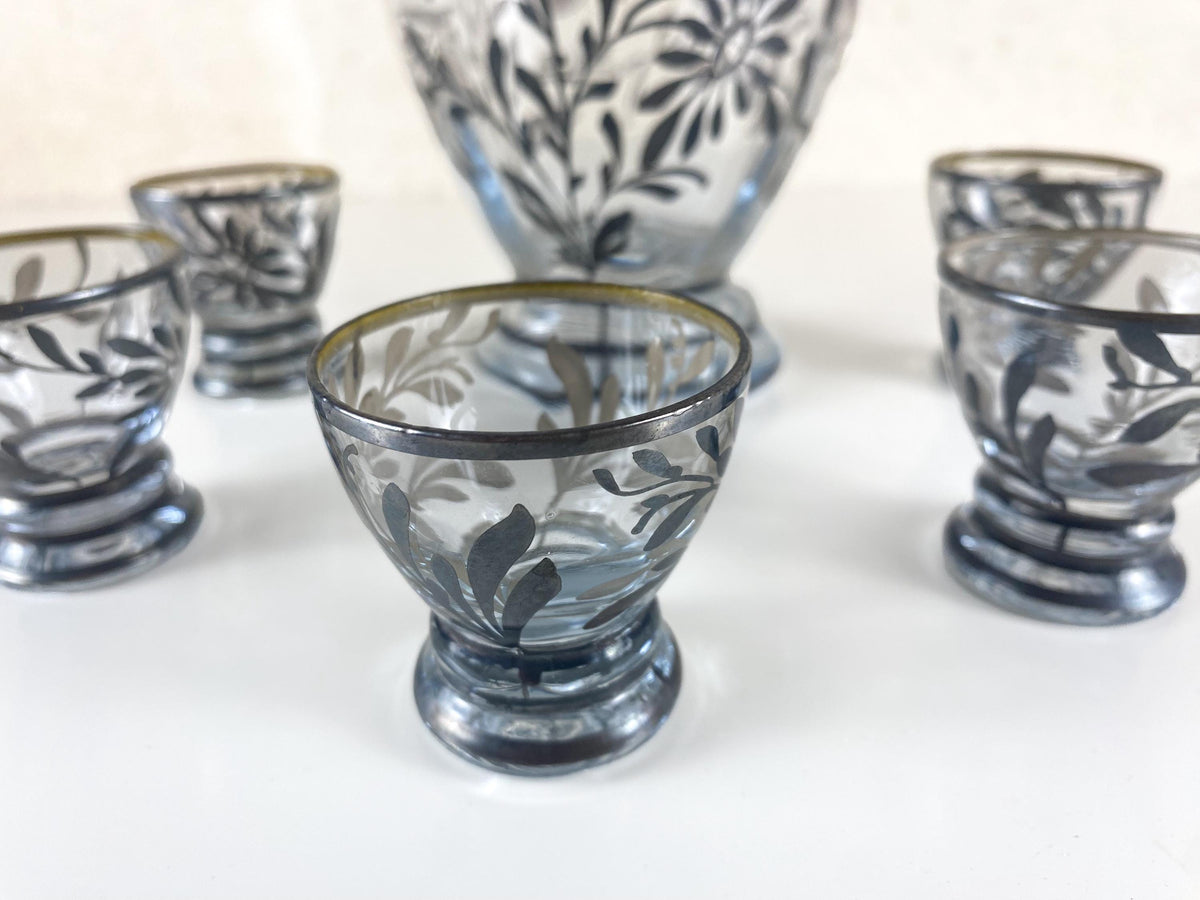 Service à liqueur Art Déco – verre avec overlay en argent sterling 925, bouchon gratte-ciel