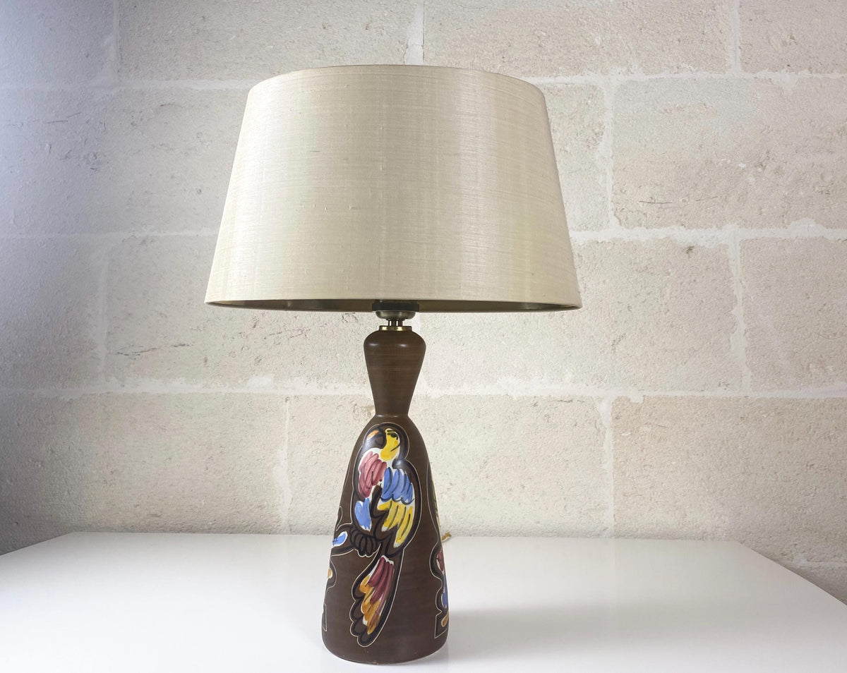 Lampe vintage en céramique italienne, perroquets peints à la main par Ceramiche Campione