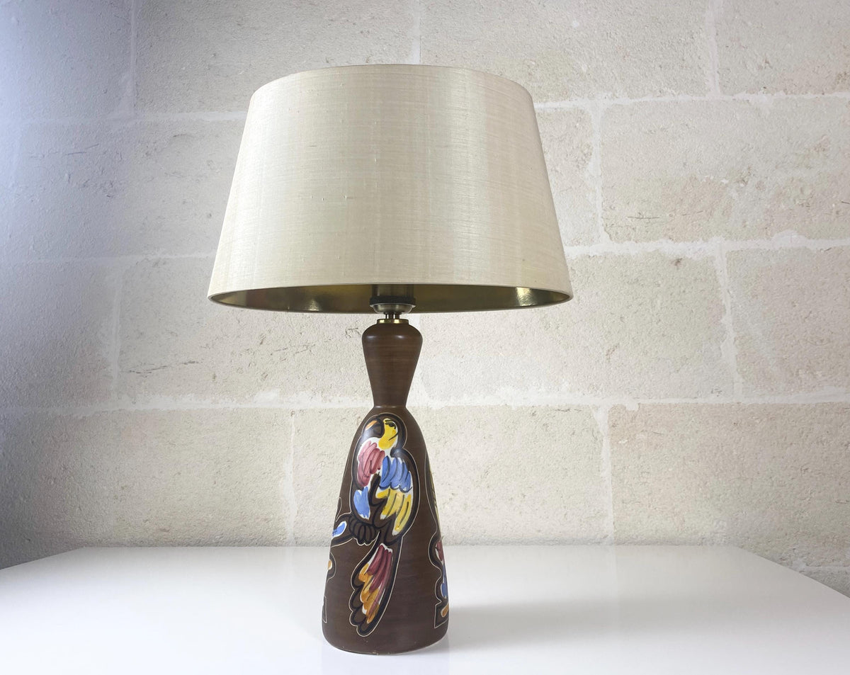 Lampe vintage en céramique italienne, perroquets peints à la main par Ceramiche Campione