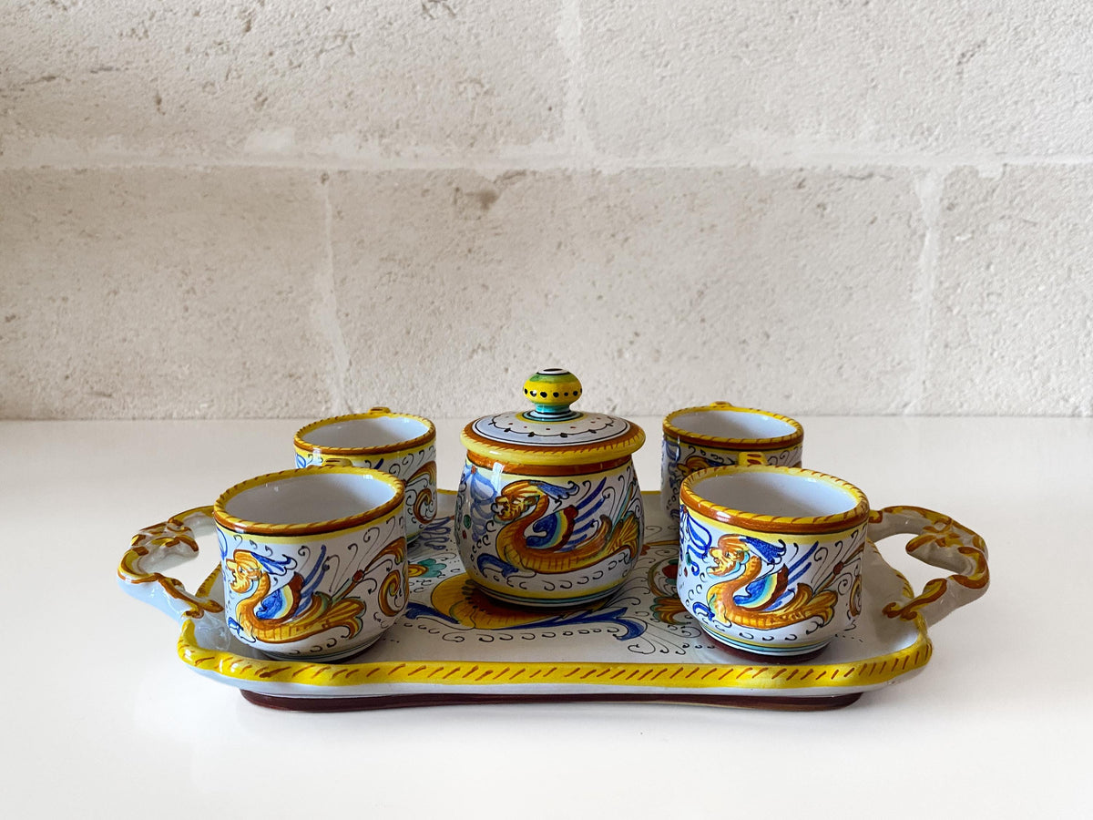 Vintage Deruta Raffaellesco Espresso Set for 4, Hand-Painted Italian Maiolica