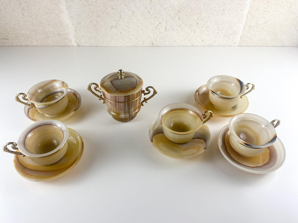 Juego de café vintage de ónix italiano, piedra tallada a mano y latón