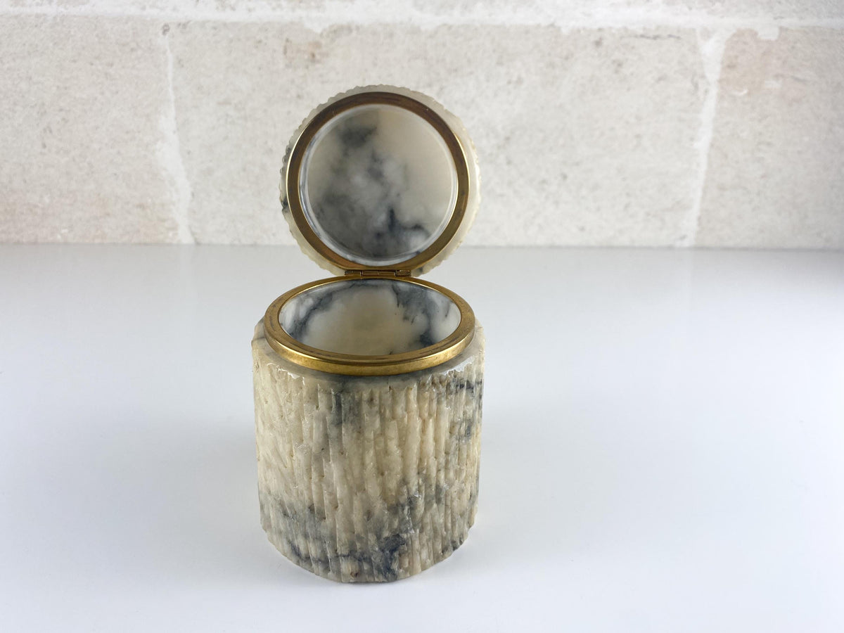 Vintage Italian Alabaster Box, Hand Carved Fluted Stone & Brass